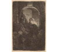 ARTXLXXBN Famous Prints Artwork Pictures Poster Painting Art Woman at a door hatch talking to a man and children the schoolmaster by Rembrandt van Rijn for Home Decor 60x90cm