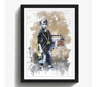 Arty Pie Framed Print Black A2 (24.5x18 Inch) Banksy Kid with Ghetto Blaster Graffiti Art V3, Wood, Multi-Colour, 60 x 42 x 2 cm