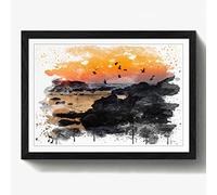 Arty Pie Framed Print Black A2 (24.5x18 Inch) Landscape Baiona Spain Sunset & Birds V3, Wood, Multi-Colour, 60 x 42 x 2 cm