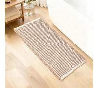 ArtyCozy Waffle Bath Mat, Super Absorbent Soft Non-Slip Boho Bath Rugs with Flat-Woven Hot Glue Backing for Bathroom, Machine Washable Bath Mats, 20" × 47", Brown & White