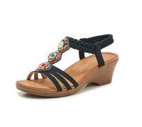 Artykey Platform Heels for Women Rhinestone Elastic Ankle Strap Open Toe Wedge Sandals Summer Comfortable Chunky High Heel Shoes Black 6