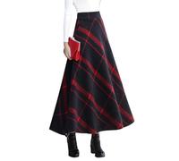 Artykey Women's Winter Plaid Maxi Skirt Elegant High Waist Warm Wool Long Elastic Waist Pleated Skirt Red L