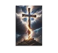 ARTYNSY 1pc Christian Religious Poster with Thunder And Lightning Cross on Pile of Stones, Canvas Wall Art 24x36inch(60x90cm) Suitable for Various Indoor Places, Cool Posters And Prints, Best Gift.