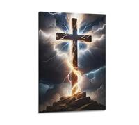 ARTYNSY 1pc Christian Religious Poster with Thunder And Lightning Cross on Pile of Stones, Canvas Wall Art 20x30inch(50x75cm) Suitable for Various Indoor Places, Cool Posters And Prints, Best Gift.