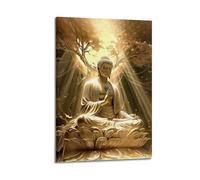 ARTYNSY 1pc Golden Lotus Buddha Statue Under The Bodhi Tree Buddhism Religious Poster, Canvas Wall Art 24x36inch(60x90cm) Suitable for Various Indoor Places, Cool Posters And Prints, Best Gift.