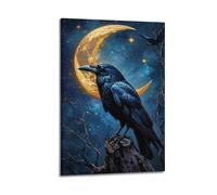 ARTYNSY 1pc Raven Under Crescent Moon Wall Art, Mystical Decor, Bedroom Poster, Canvas Wall Art 08x12inch(20x30cm) Suitable for Various Indoor Places, Cool Posters And Prints, Best Gift.