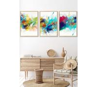 ARTZE Abstract Colourful Pink Blue Yellow Mixed Media Fractal Framed Wall Art - Large in Light Oak | Size: W53 cm x H73 cm x D20mm ARTZE Light Oak W53 cm x H73 cm x D20mm