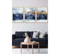 ARTZE Abstract Navy Blue & Yellow Mountains Framed Wall Art - Large in Light Oak | Size: W53 cm x H73 cm x D20mm ARTZE Light Oak W53 cm x H73 cm x D20mm