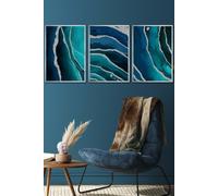 ARTZE Abstract Teal Blue Silver Strokes Framed Wall Art - Large in Metallic Silver | Size: W53 cm x H73 cm x D20mm ARTZE Metallic Silver W53 cm x H73 cm x D20mm