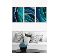 ARTZE Abstract Teal Blue Silver Strokes Framed Wall Art - Large in White | Size: W53 cm x H73 cm x D20mm ARTZE White W53 cm x H73 cm x D20mm