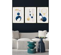 ARTZE Abstract Textured Geometric Art in Navy Blue & Gold Framed Wall Art - Large in Metallic Gold | Size: W53 cm x H73 cm x D20mm ARTZE Metallic Gold W53 cm x H73 cm x D20mm