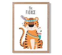 ARTZE Be Fierce Tiger Tribal Animal Quote Framed Print SIZE: A3 with Oak Frame in Orange | Size: A4 ARTZE Orange A4