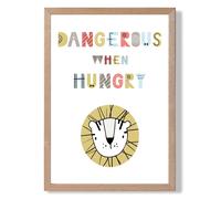 ARTZE Cute Dangerous When Hungry Lion Scandi Quote Framed Print SIZE: A3 with Oak Frame in Pale Blue ARTZE Pale Blue A3
