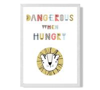 ARTZE Cute Dangerous When Hungry Lion Scandi Quote Framed Print SIZE: A4 with White Frame in Pale Blue ARTZE Pale Blue A4