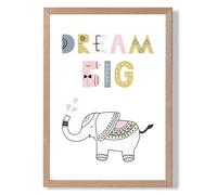 ARTZE Cute Dream Big Elephant Scandi Quote Framed Print SIZE: A3 with Oak Frame in Pink | Size: A4 ARTZE Pink A4