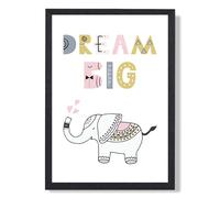 ARTZE Cute Dream Big Elephant Scandi Quote Framed Print SIZE: A4 with Black Frame in Pink | Size: A2 ARTZE Pink A2