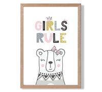 ARTZE Cute Girls Rule Bear Scandi Quote Framed Print SIZE: A2 with Oak Frame in Pink ARTZE Pink A2