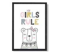 ARTZE Cute Girls Rule Bear Scandi Quote Framed Print SIZE: A3 with Black Frame in Pink ARTZE Pink A3