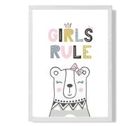 ARTZE Cute Girls Rule Bear Scandi Quote Framed Print SIZE: A4 with White Frame in Pink ARTZE Pink A4