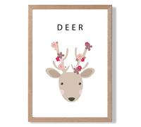 ARTZE Cute Pink Floral Deer Framed Print SIZE: A2 with Oak Frame | Size: A4 ARTZE Pink A4