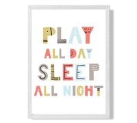 ARTZE Cute Play All Day Scandi Quote Framed Print SIZE: A2 with White Frame in Pale Blue | Size: A3 ARTZE Pale Blue A3