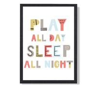 ARTZE Cute Play All Day Scandi Quote Framed Print SIZE: A3 with Black Frame in Pale Blue ARTZE Pale Blue A3