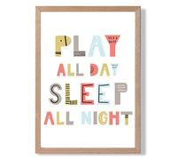 ARTZE Cute Play All Day Scandi Quote Framed Print SIZE: A3 with Oak Frame in Pale Blue | Size: A4 ARTZE Pale Blue A4