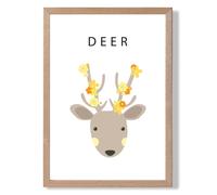 ARTZE Cute Yellow Floral Deer Framed Print SIZE: A4 with Oak Frame ARTZE Yellow A4