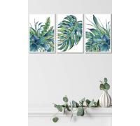 ARTZE Framed Blue Green Watercolour Tropical Leaves Framed Wall Art - Medium in White | Size: W45 cm x H62 cm x D20mm ARTZE White W45 cm x H62 cm x D20mm