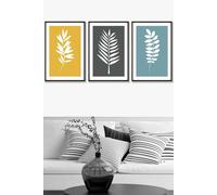 ARTZE Framed Yellow, Grey, Blue Graphical Leaves Framed Wall Art - Large in Black | Size: W53 cm x H73 cm x D20mm ARTZE Black W53 cm x H73 cm x D20mm
