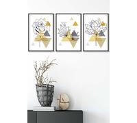 ARTZE Framed Yellow & Grey Geometric Flowers Framed Wall Art - Medium in Black | Size: W45 cm x H62 cm x D20mm ARTZE Black W45 cm x H62 cm x D20mm