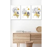 ARTZE Framed Yellow & Grey Geometric Flowers Framed Wall Art - Medium in White | Size: W45 cm x H62 cm x D20mm ARTZE White W45 cm x H62 cm x D20mm