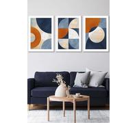 ARTZE Geometric Abstract Textured Circles in Navy Blue Orange Gold Framed Wall Art - Large in White | Size: W53 cm x H73 cm x D20mm ARTZE White W53 cm x H73 cm x D20mm