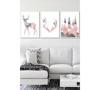 ARTZE Geometric Blush Pink Grey Stags Set Framed Wall Art - Large in White | Size: W53 cm x H73 cm x D20mm ARTZE White W53 cm x H73 cm x D20mm