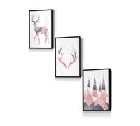 ARTZE Geometric Blush Pink Grey Stags Set Framed Wall Art - Small in Black | Size: W33 cm x H45 cm x D20mm ARTZE Black W33 cm x H45 cm x D20mm