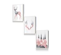 ARTZE Geometric Blush Pink Grey Stags Set Framed Wall Art - Small in White | Size: W33 cm x H45 cm x D20mm ARTZE White W33 cm x H45 cm x D20mm