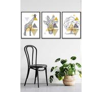 ARTZE Geometric Line Art Yellow Giraffe Tree Set Framed Wall Art - Large in Black | Size: W53 cm x H73 cm x D20mm ARTZE Black W53 cm x H73 cm x D20mm