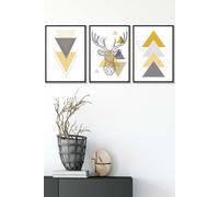 ARTZE Geometric Line Art Yellow Stag Head Triangles Framed Wall Art - Medium in Black | Size: W45 cm x H62 cm x D20mm ARTZE Black W45 cm x H62 cm x D20mm