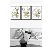 ARTZE Geometric Line Art Yellow Stags Tree Set Framed Wall Art - Large in Black | Size: W53 cm x H73 cm x D20mm ARTZE Black W53 cm x H73 cm x D20mm