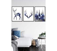 ARTZE Geometric Navy Blue Grey Stags Set Framed Wall Art - Large in Black | Size: W53 cm x H73 cm x D20mm ARTZE Black W53 cm x H73 cm x D20mm