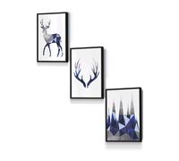 ARTZE Geometric Navy Blue Grey Stags Set Framed Wall Art - Small in Black | Size: W33 cm x H45 cm x D20mm ARTZE Black W33 cm x H45 cm x D20mm