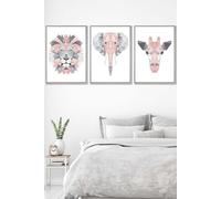 ARTZE Geometric Pink Grey Jungle Animal Heads Framed Wall Art - Large in Light Grey | Size: W53 cm x H73 cm x D20mm ARTZE Light Grey W53 cm x H73 cm x D20mm