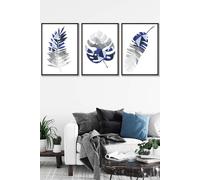 ARTZE Geometric Tropical Leaves In Navy Blue Grey Framed Wall Art - Large in Black | Size: W53 cm x H73 cm x D20mm ARTZE Black W53 cm x H73 cm x D20mm