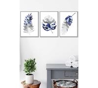 ARTZE Geometric Tropical Leaves In Navy Blue Grey Framed Wall Art - Large in Light Grey | Size: W53 cm x H73 cm x D20mm ARTZE Light Grey W53 cm x H73 cm x D20mm