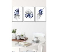 ARTZE Geometric Tropical Leaves In Navy Blue Grey Framed Wall Art - Medium in Light Grey | Size: W45 cm x H62 cm x D20mm ARTZE Light Grey W45 cm x H62 cm x D20mm