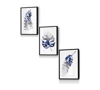 ARTZE Geometric Tropical Leaves In Navy Blue Grey Framed Wall Art - Small in Black | Size: W33 cm x H45 cm x D20mm ARTZE Black W33 cm x H45 cm x D20mm