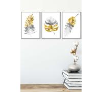 ARTZE Geometric Tropical Leaves In Yellow Grey Framed Wall Art - Medium in Light Grey | Size: W45 cm x H62 cm x D20mm ARTZE Light Grey W45 cm x H62 cm x D20mm