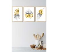 ARTZE Geometric Tropical Leaves In Yellow Grey Framed Wall Art - Medium in Light Oak | Size: W45 cm x H62 cm x D20mm ARTZE Light Oak W45 cm x H62 cm x D20mm