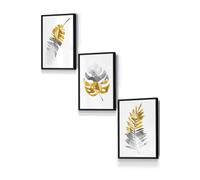 ARTZE Geometric Tropical Leaves In Yellow Grey Framed Wall Art - Small in Black | Size: W33 cm x H45 cm x D20mm ARTZE Black W33 cm x H45 cm x D20mm