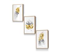 ARTZE Geometric Tropical Leaves In Yellow Grey Framed Wall Art - Small in Light Oak | Size: W33 cm x H45 cm x D20mm ARTZE Light Oak W33 cm x H45 cm x D20mm